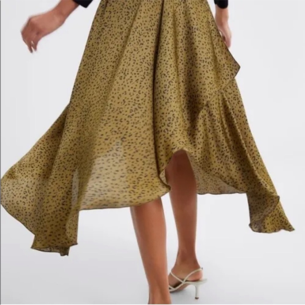 Zara Asymmetrical Midi Skirt in Olive with Black Spot Print